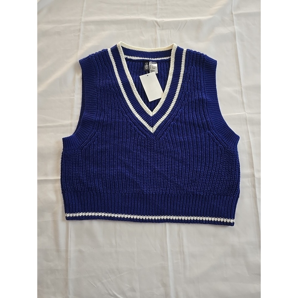 Nwt H&M Divided Womens Small Sweater Vest V neck Blue Cropped 80s Y2K 90s